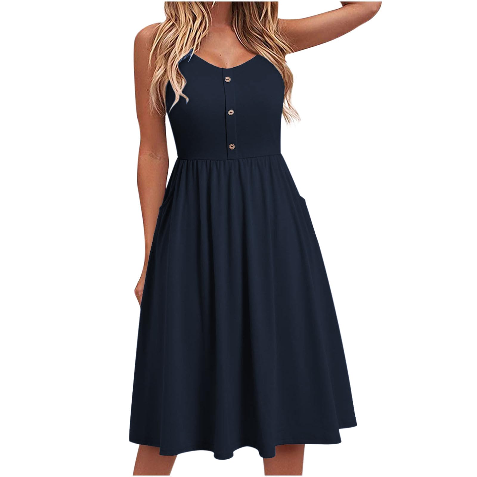 Yageshark Zomerjurk voor dames, effen, spaghetti, swing, knielang, A-lijn, knoop, midi-jurk, zwart, S
