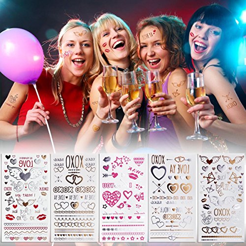 5 Sheet Bachelorette Party Waterproof Temporary Tattoos Premium Metallic Face Body Tattoo Bridal Shower Halloween Christmas Party Decorations Supplies