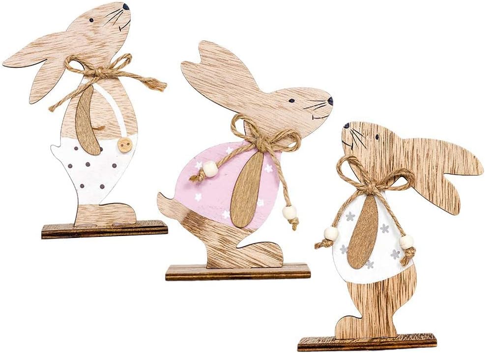 NetHong Wooden Easter Decor Bunny Ornaments Easter Hollow Rabbit Tabletop Decor for Home Office Desk 3PCS