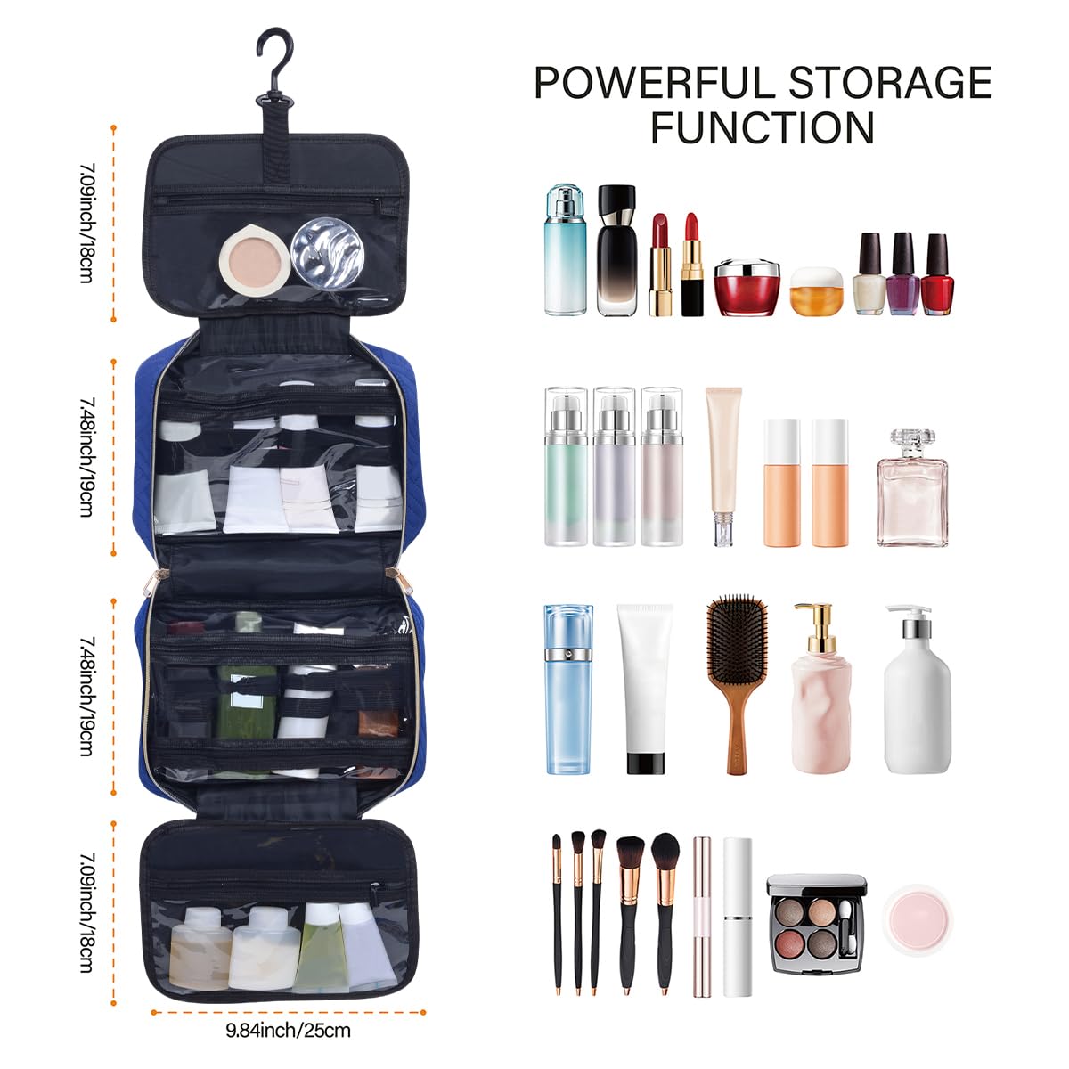 Neceser colgante para mujer, neceser cosmético, bolsa de viaje, color azul | Con ganchos, múltiples compartimentos, almacenamiento transparente para accesorios de maquillaje, viajes, gimnasio, natación