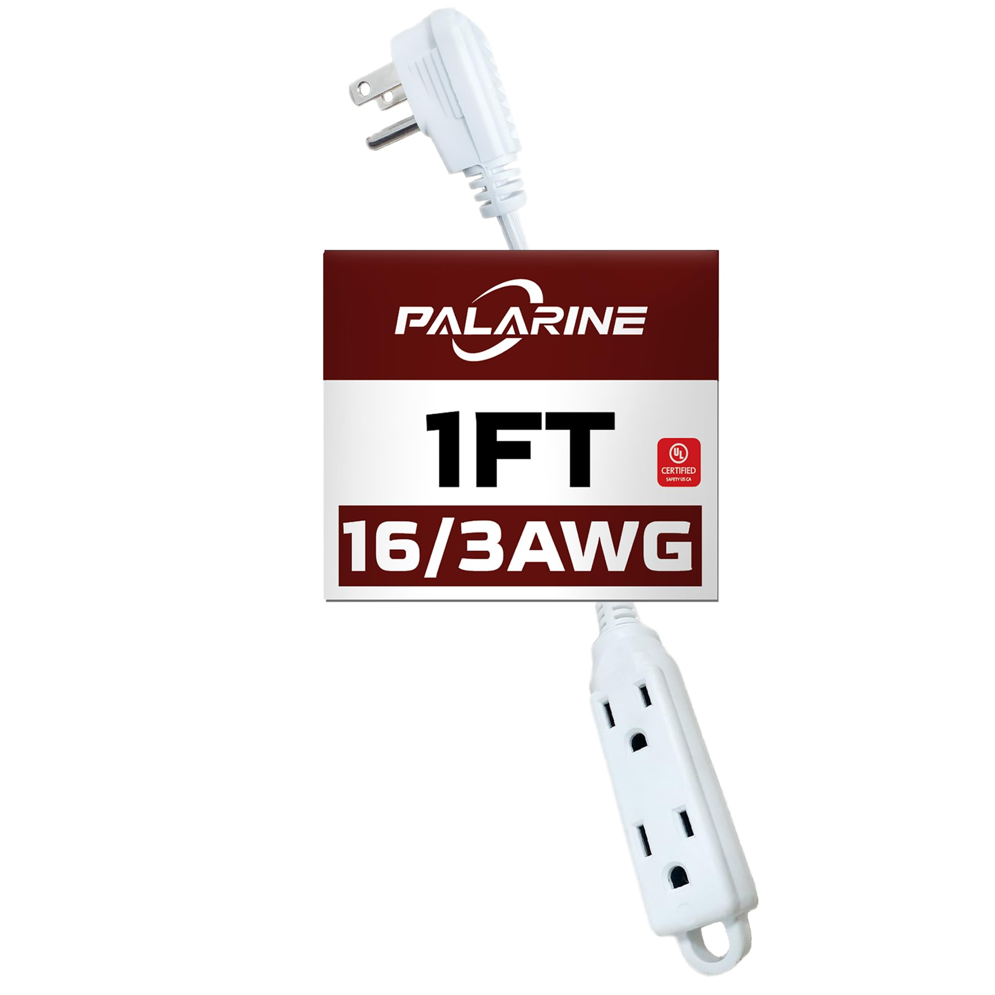 1 Ft White Flat Plug Extension Cord with 3 Outlets, 16 Gauge Heavy Duty