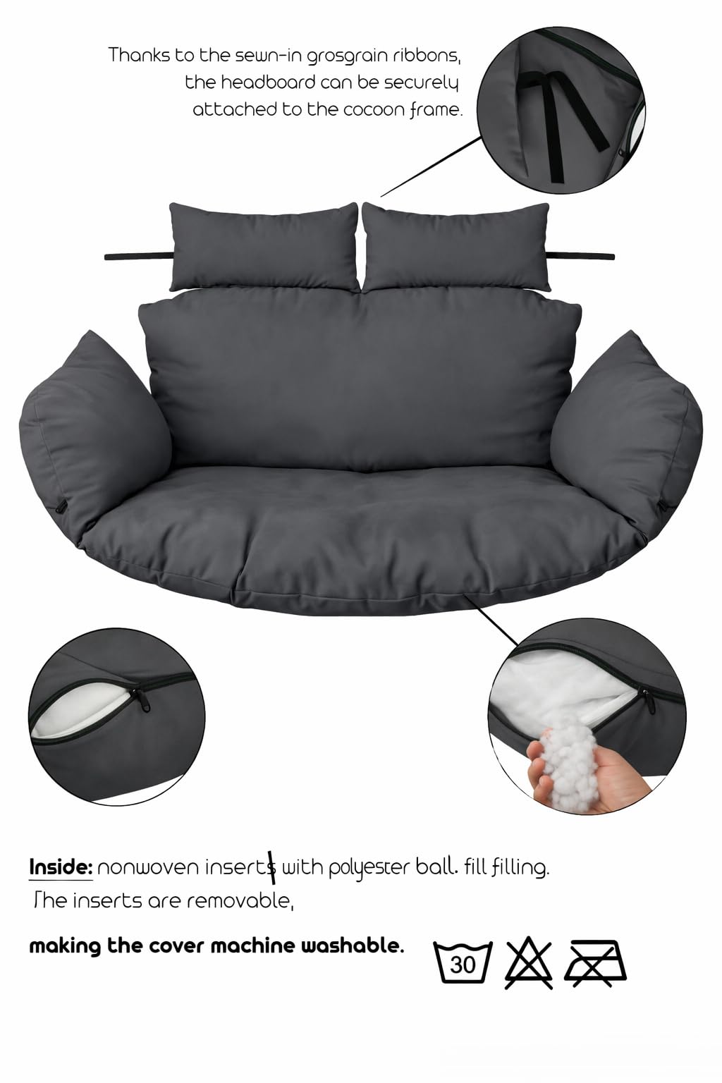 Hangenstoel Dubbele Kussens voor Terras en Tuin, Hangend Buiten Nest Ei Hangstoel Kussens met Hoofdkussen, Afneembare kussensloop wit [114