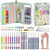 Looen 61Pcs Ergonomic Crochet Hooks Set, 22size (0.75mm-10mm), with Case for Arthritic Hands, Extra Long Crochet Needles, Nice Gift (Green)