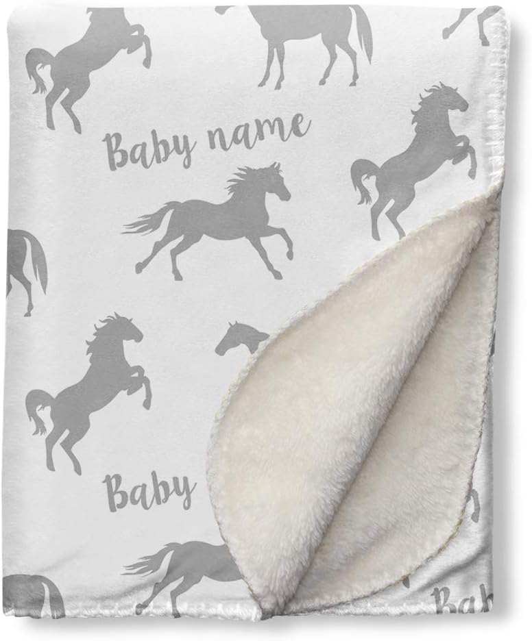 Custom Baby Blanket with Name Print Horse Pattern, Personalized Newborn Gifts for Boys Girls, Soft Sherpa Throws Blankets for Crib Bedding - 31x47 Inch