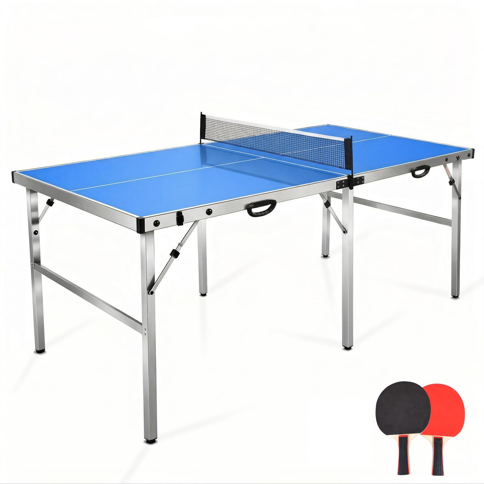 6ft Folding Table Tennis Table, Portable Ping Pong Table Set with Net, 2 Paddles, 4 Balls, Indoor Outdoor for Family Entertainment, Blue