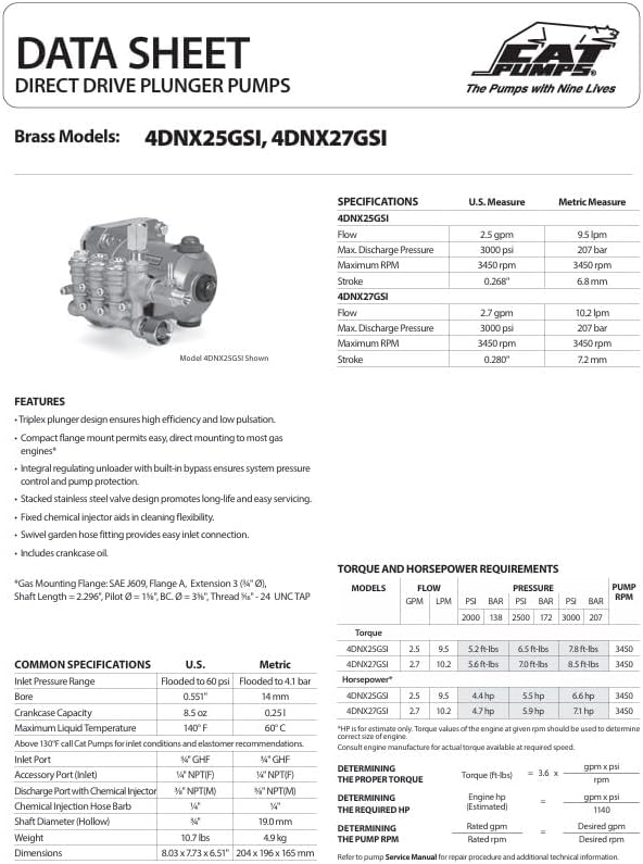 CAT Pumps 4DNX25GSI - 3000 PSI 2.5 GPM (3/4" Shaft) Triplex Pressure Washer Pump with Adjustable Unloader and Chemical Injector