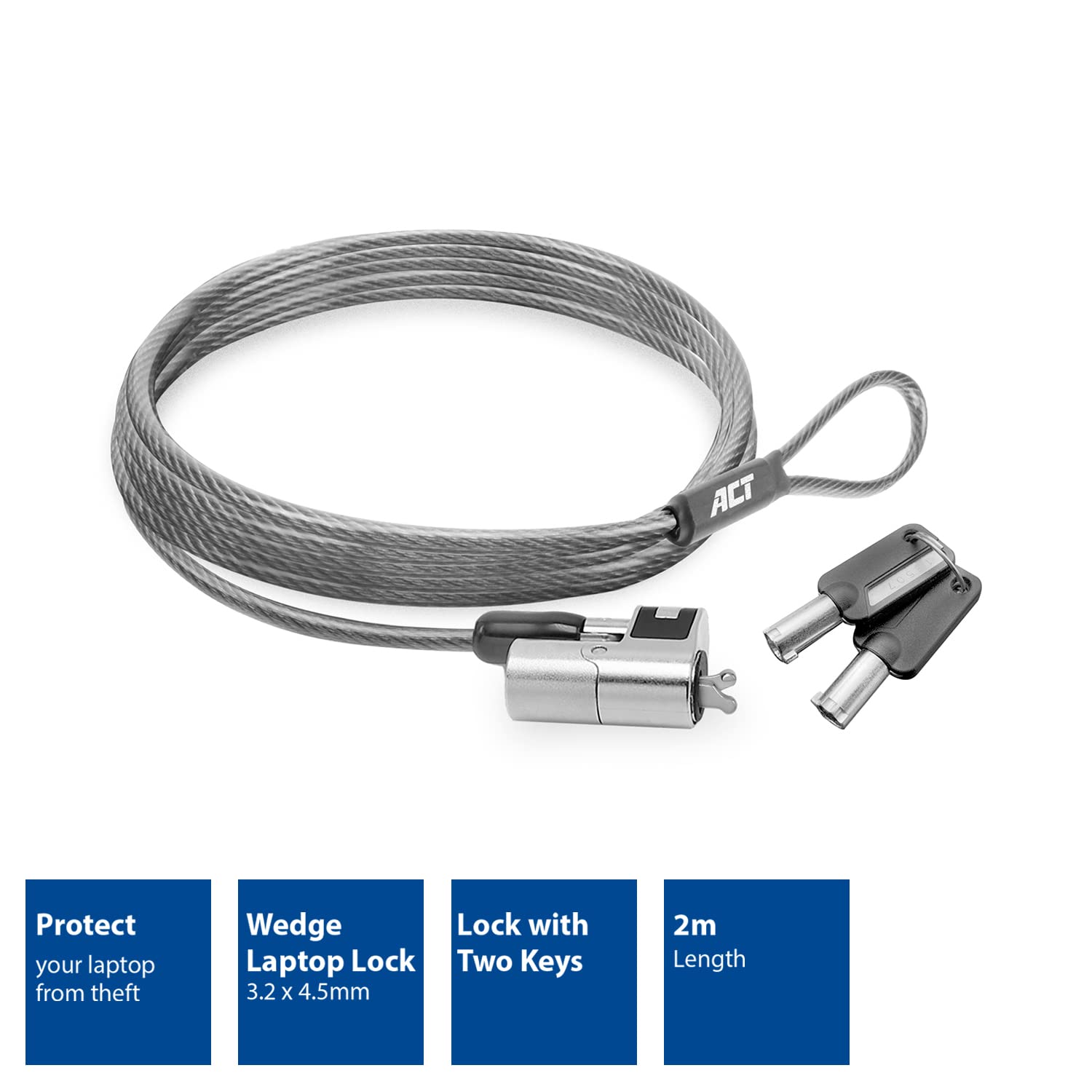 Act Cable de Seguridad para portátil (2 m, con Llave, Ranura para cuña, Cabezal de Bloqueo Giratorio, candado para portátil DELL, Cable antirrobo portátil, AC9040)