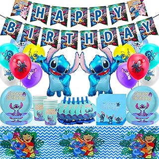 Forhome 62 Pcs Stitch Party Tableware Set, Stitch Birthday Decorations, Birthday Party Tableware, Birthday Party Decorations, Plates, Balloons, Cups, Napkins, Tablecloth, for 10 Guests