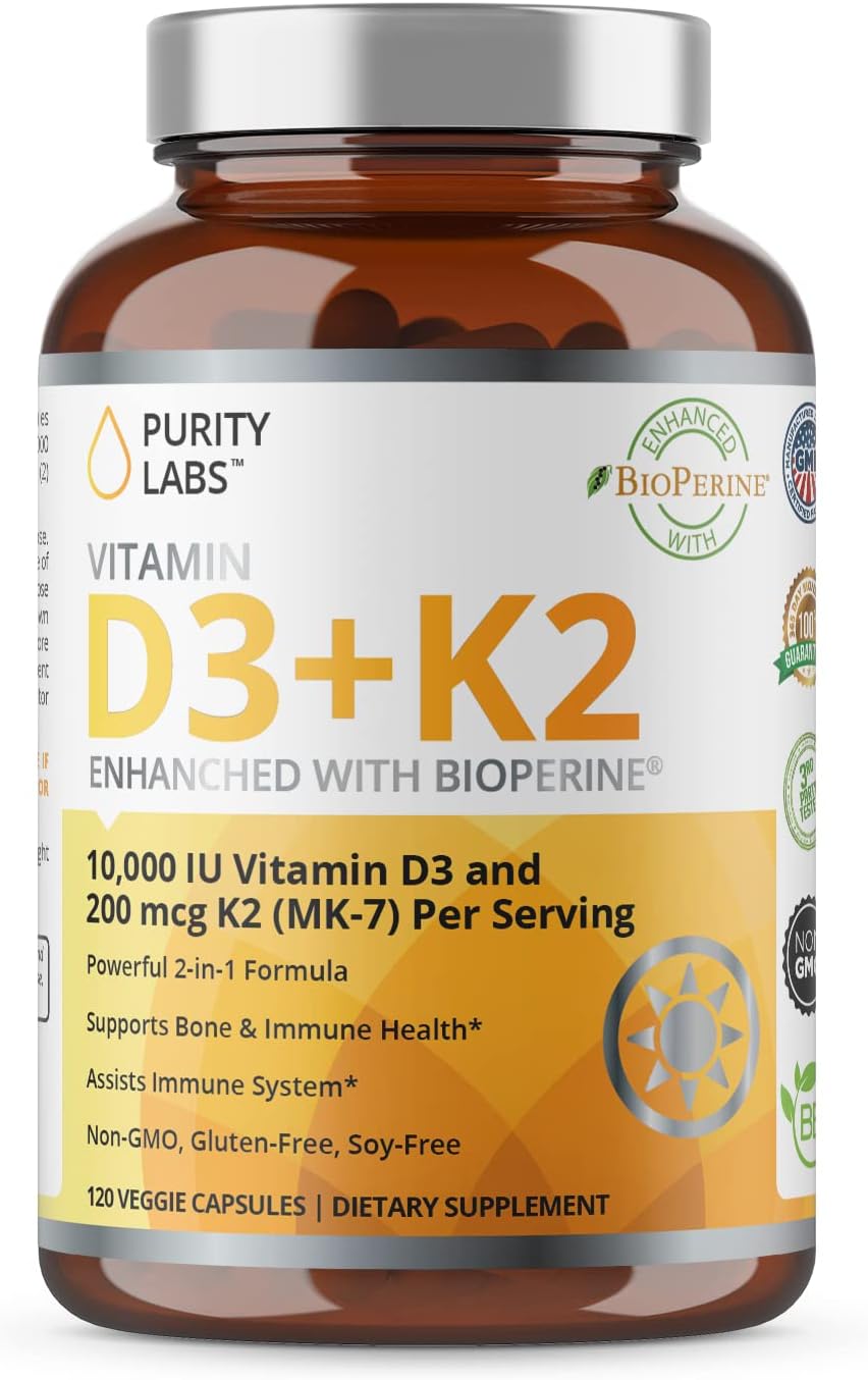Purity Labs Vitamin D3 K2-10,000 IU (250mcg) D3 + 200mcg K2 MK7 - Immune Support Supplement Enhanced with Bioperine - Vegan Supplements for Daily Defense, Bone, Muscle & Skin Health - 120 Capsules