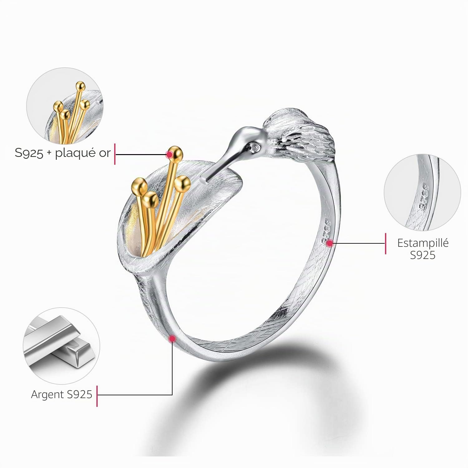 Lotus Fun Bague pour femme en argent sterling S925 avec motif colibri, bague ouverte faite à la main pour femme et fille