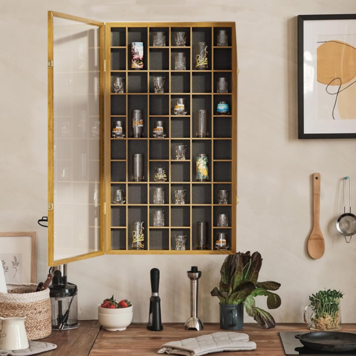 Vetrina in legno con porta chiudibile a chiave, mobiletto da parete per 52 bicchieri, ripiani rimovibili, ideale per la casa e il negozio