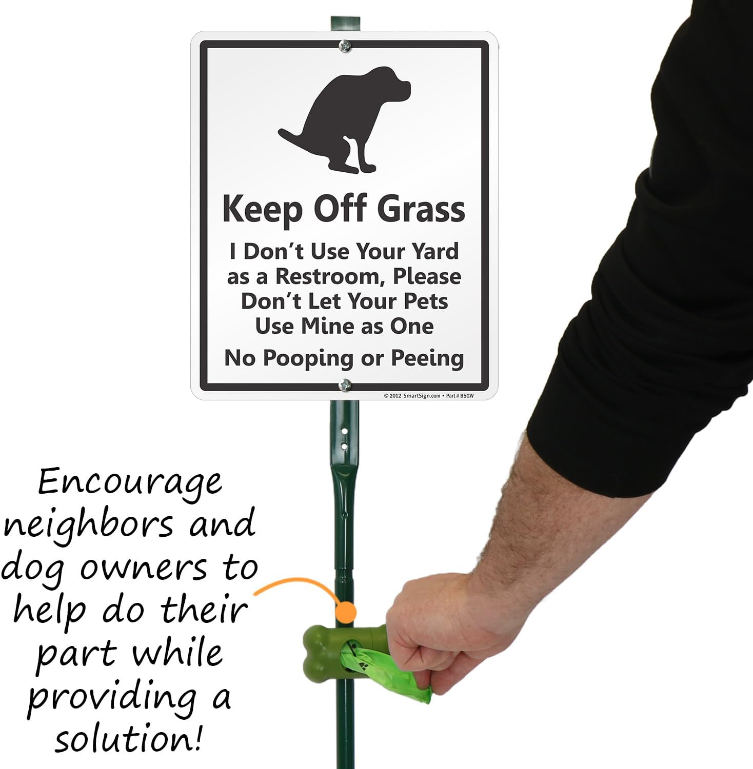 SmartSign Keep Off Grass - No Dog Pooping Or Peeing Yard Sign & Clip-On Preloaded Dispenser Combo/Kit with 135 Dog Poop Waste Bags, 10"x12" Rust-proof Aluminum Sign with 3ft Steel Stake