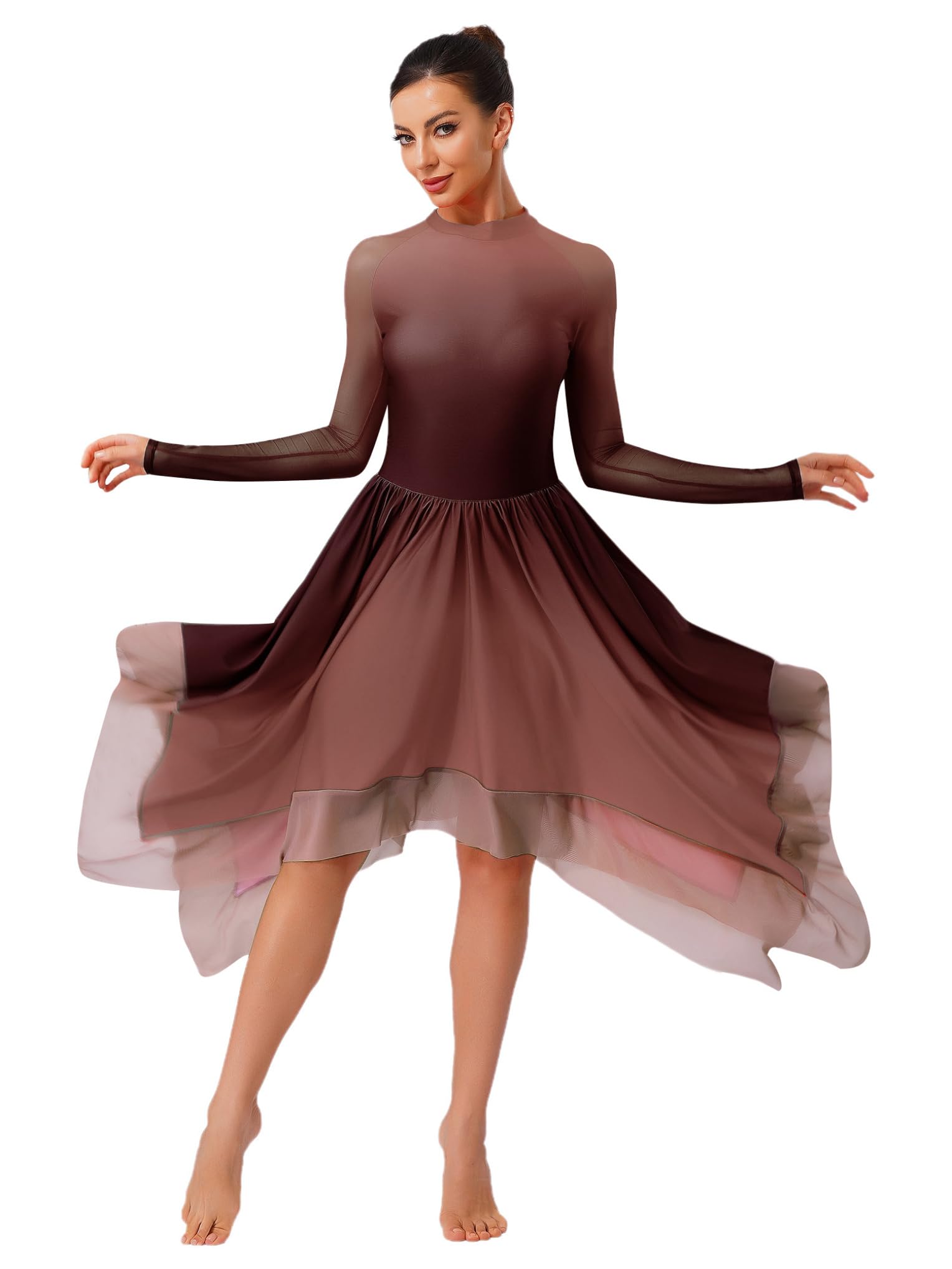 Vestido De Patinaje Artístico Mujer Bodysuit Danza Latina Tango Falda de Malla Dobladillo Irregular Vestido De Baile Lírico