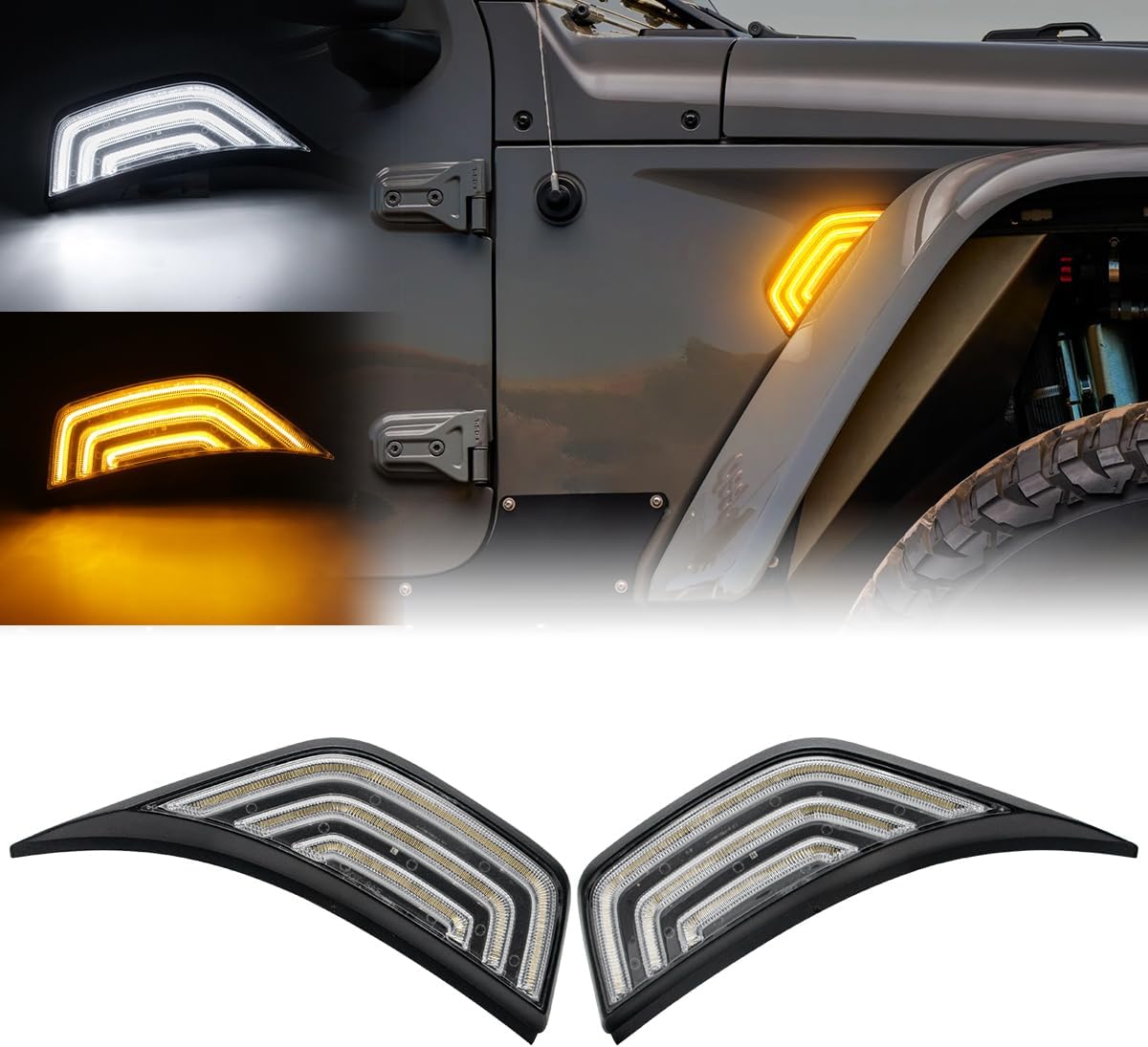 Front Fender Air Vent Led Turn Signal Side Marker Lights Compatible with Wrangler JL JLU 2018-2026 & For Gladiator JT 2020-2026 White DRL & Amber Yellow Dynmaic Sequential Blink(Smoked Lens)