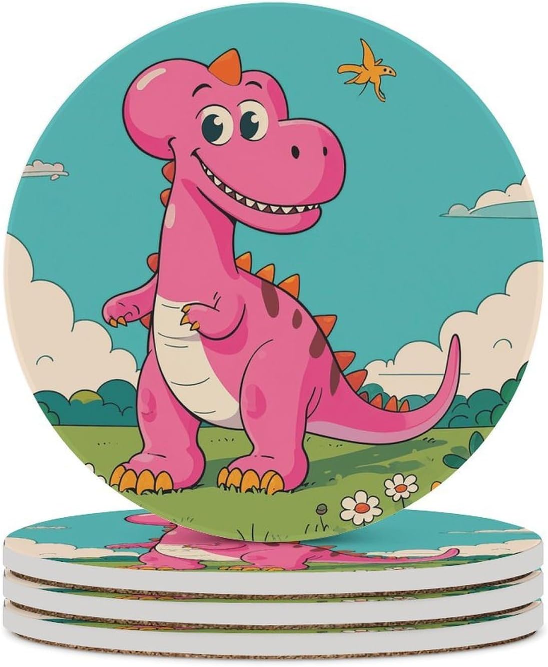 6PCS Cartoon Dinosaur Images Coasters Non-Slip Round Drink Coasters with Ceramic Stone and Cork Base, Heat Resistant Absorbent 33.00Stone Coaster Set for Kinds of Mugs and Cups, 4 Inch