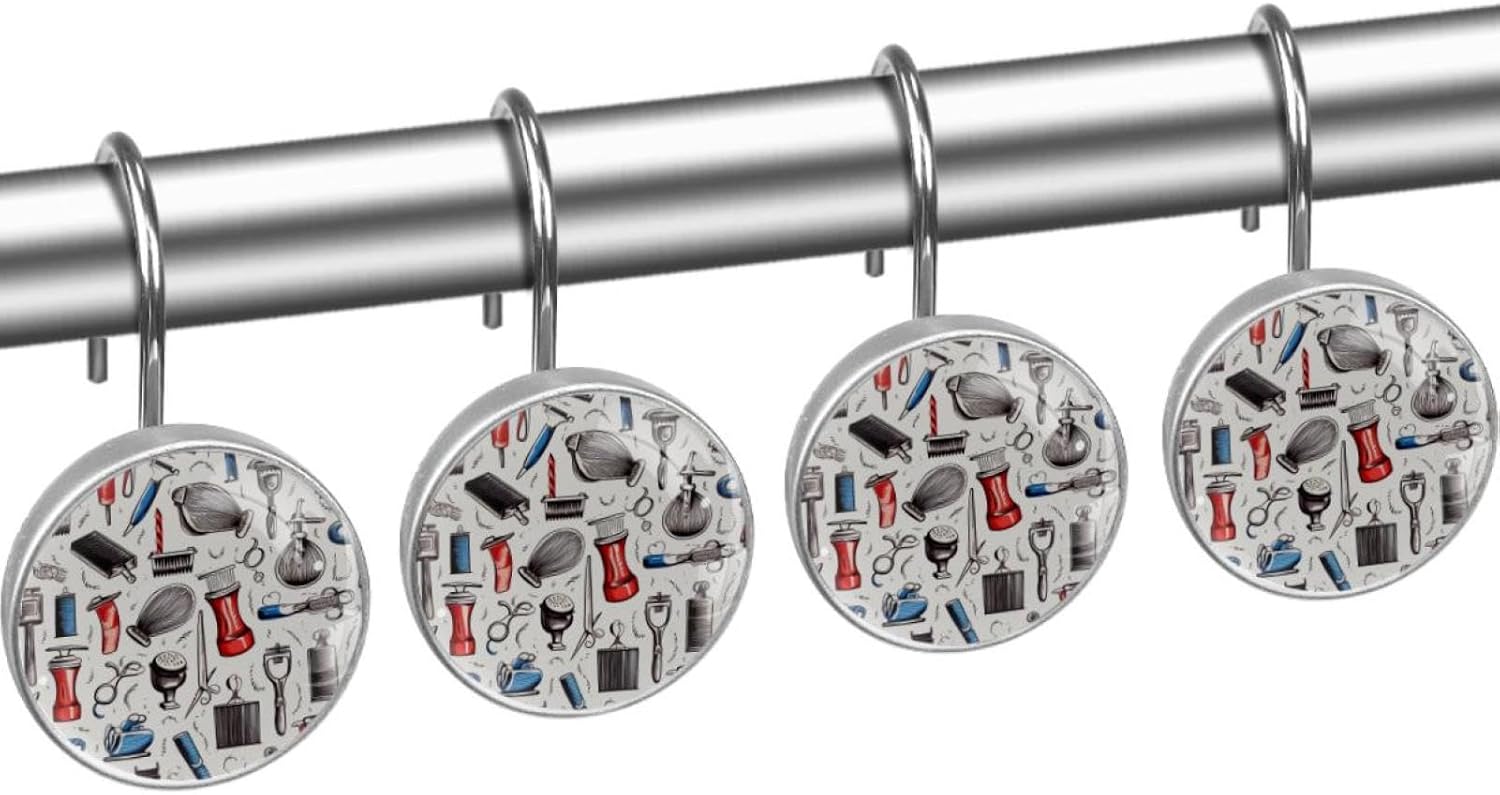 Shower Curtain Hooks Decorative, Set of 12, Barber Shop Equipment