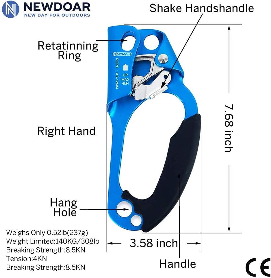 NewDoar CE Certified Right Hand Ascender Black Wider Thickened Half Body for Rappelling Fire Rescuing Tree Climbing Gear