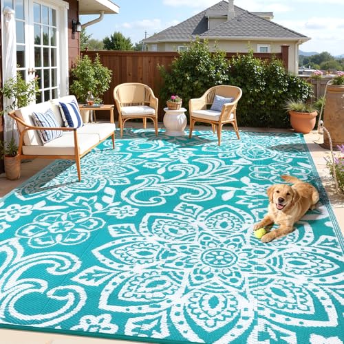 Findosom Waterproof Outdoor Rug 8' x 10' - Reversible Mandala Outdoor Plastic Straw Rug, Durable Foldable Patio Rug for RV, Deck, Balcony, Backyard, Picnic, Porch, Camping, Beach, Blue