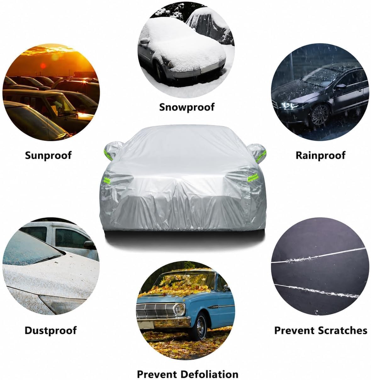 6 Layers Car Cover Waterproof All Weather for Automobiles, Outdoor Full Cover Rain Sun UV Protection with Zipper Cotton, Universal Fit for Sedan (184-195 inch)