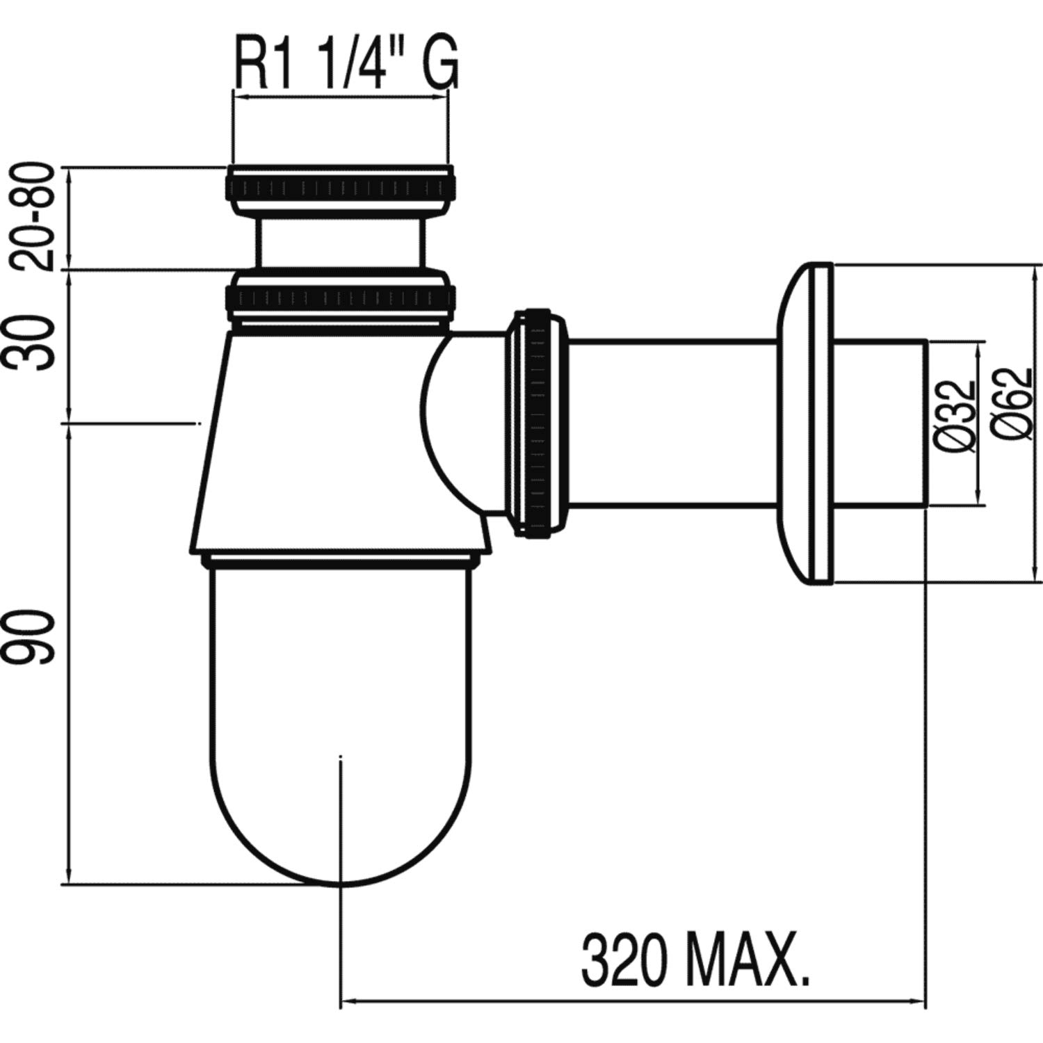 03463430NM Teleskop-Siphon für Waschbecken, 32 x 6,2 x 20 cm, matt-schwarz