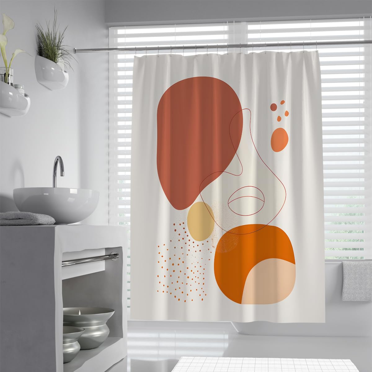 UIRINGART Contemporary Shower Curtain W180xL200cm Terracotta Shape Orange Dot Art with Rustproof Grommets Polyester Fabric Lightweight Home Hotel Wet Room Bathroom