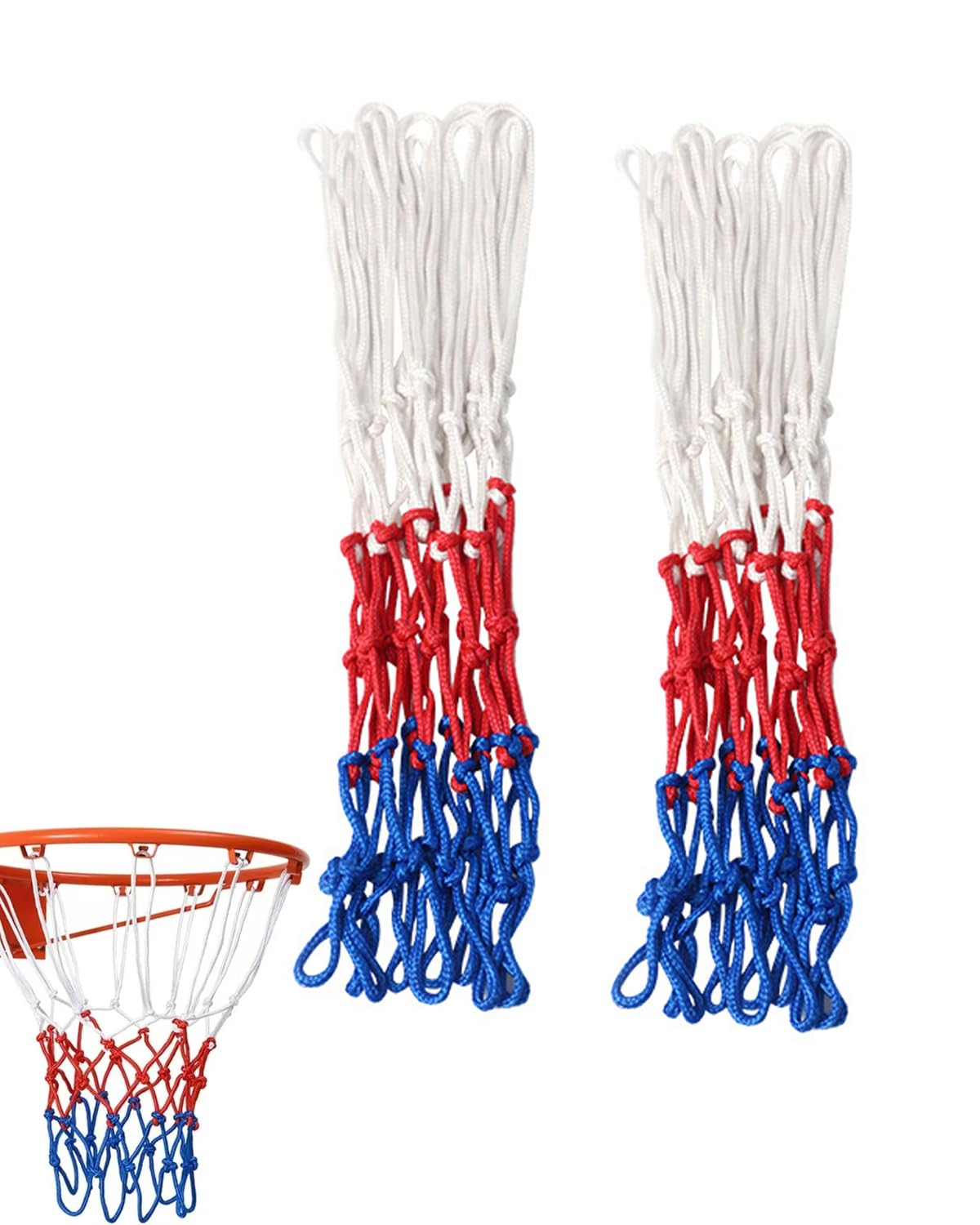 Reti per Canestro da Basket 2 Pezzi Blu Rosso Bianco | 12 Anelli Professionali per Esterno, Rinforzate e Resistenti alle Intemperie per Canestri Standard