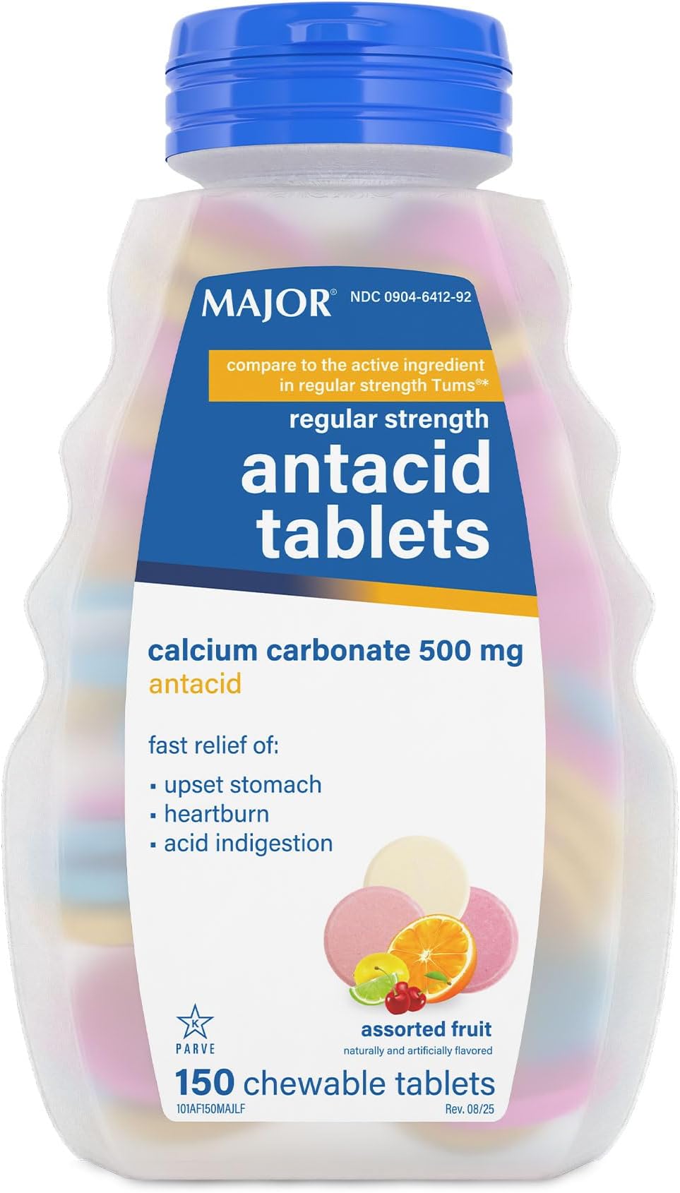 Major Regular Strength Antacid Tablets - Calcium Carbonate 500 mg - Assorted Fruit Flavor - 150 Chewable Count (1 Pack)