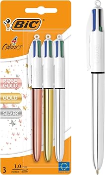 BIC 4 Colours Shine Pembe,Gümüş, Altın Gövde Tükenmez Kalem 3'lü Blister, 4 Renk Tükenmez Kalem