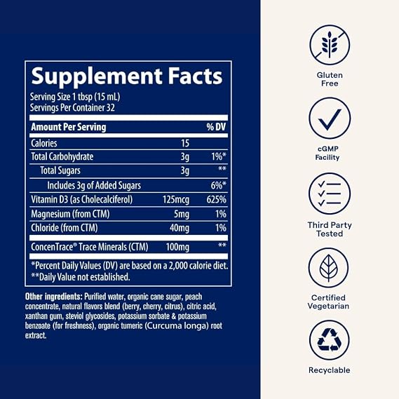 Trace Minerals | Liquid Vitamin D3 | 126mcg (5000 IU) D3 with 72+ Concentrace Ionic Trace Minerals | Fast Absorbing, High Potency | Natural Tropical Cherry Flavor | 32 Servings, 16 fl oz