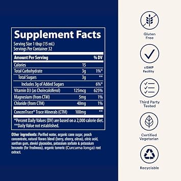 Trace Minerals | Liquid Vitamin D3 | 126mcg (5000 IU) D3 with 72+ Concentrace Ionic Trace Minerals | Fast Absorbing, High Potency | Natural Tropical Cherry Flavor | 32 Servings, 16 fl oz