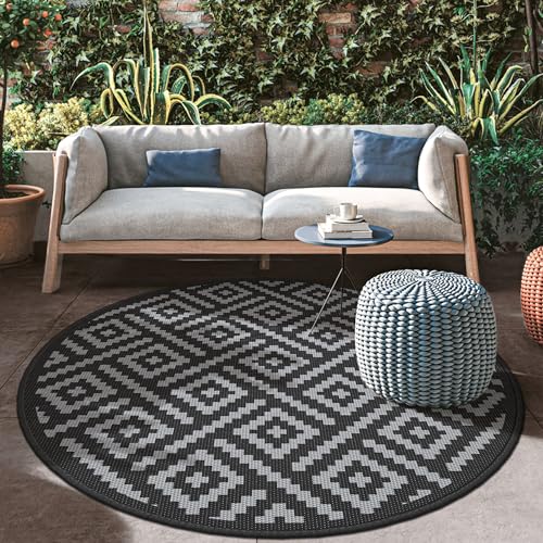 Image of GENIMO Outdoor Rug, Waterproof Plastic Rugs for Patio, 8' Round Black Grey | Outside Larger Modern Carpet Mat for Deck Decor, Porch, Balcony, Backyard, Camping, Picnic, Beach, RV, Reversible, Foldable