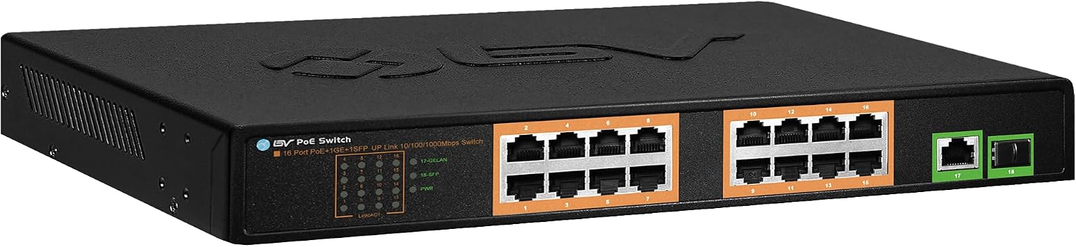 BV-Tech 18-Port Gigabit PoE+ Switch | 16 PoE+ Ports @ 120W & 2 Gigabit Uplink Ports | 802.3af/at 30W/Port | Unmanaged Plug and Play | for IP Cameras & Access Points
