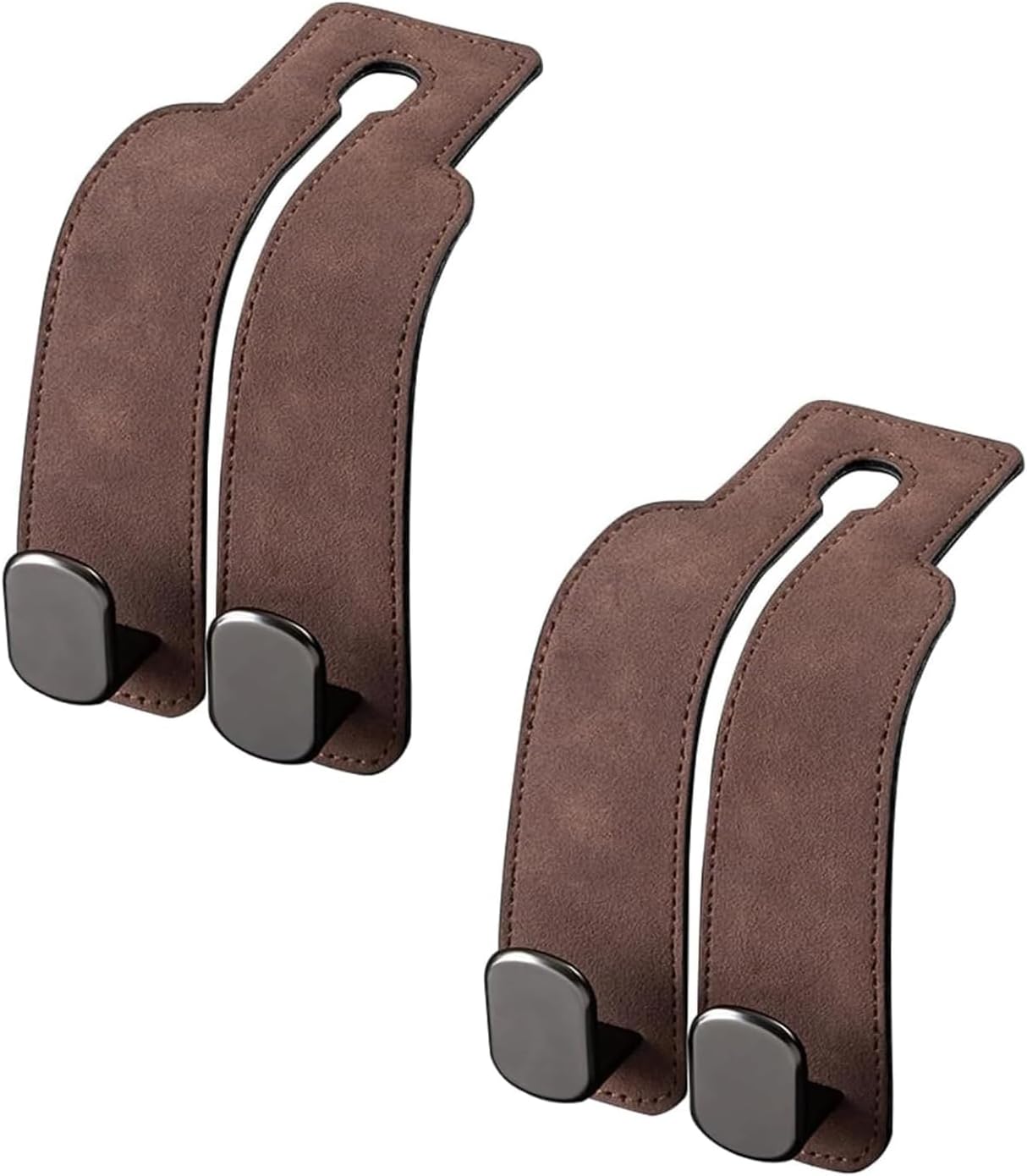 Car Seat Hooks, 2-Pack Leather Double Headrest Hooks with Multi-Functional Design, Universal Vehicle Hangers for Purses, Coats, Umbrellas and Grocery Bags, Brown