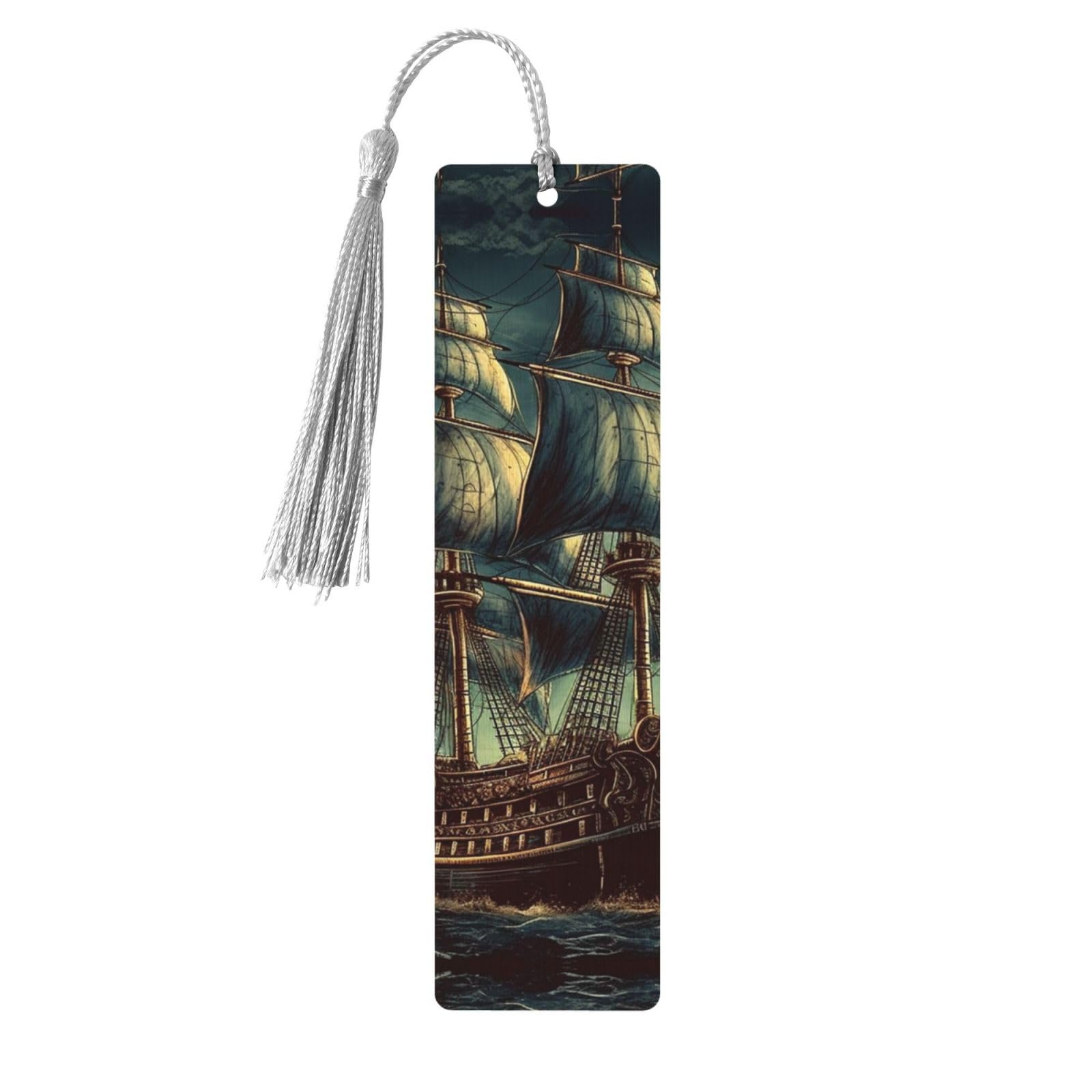 Nautical Vintage Sailing Pirate Ship Wooden Bookmarks with Gray Tassels Handmade Double-Sided Printed Book Marks Page Markers Book Accessories Gift for Book Lovers Women Men