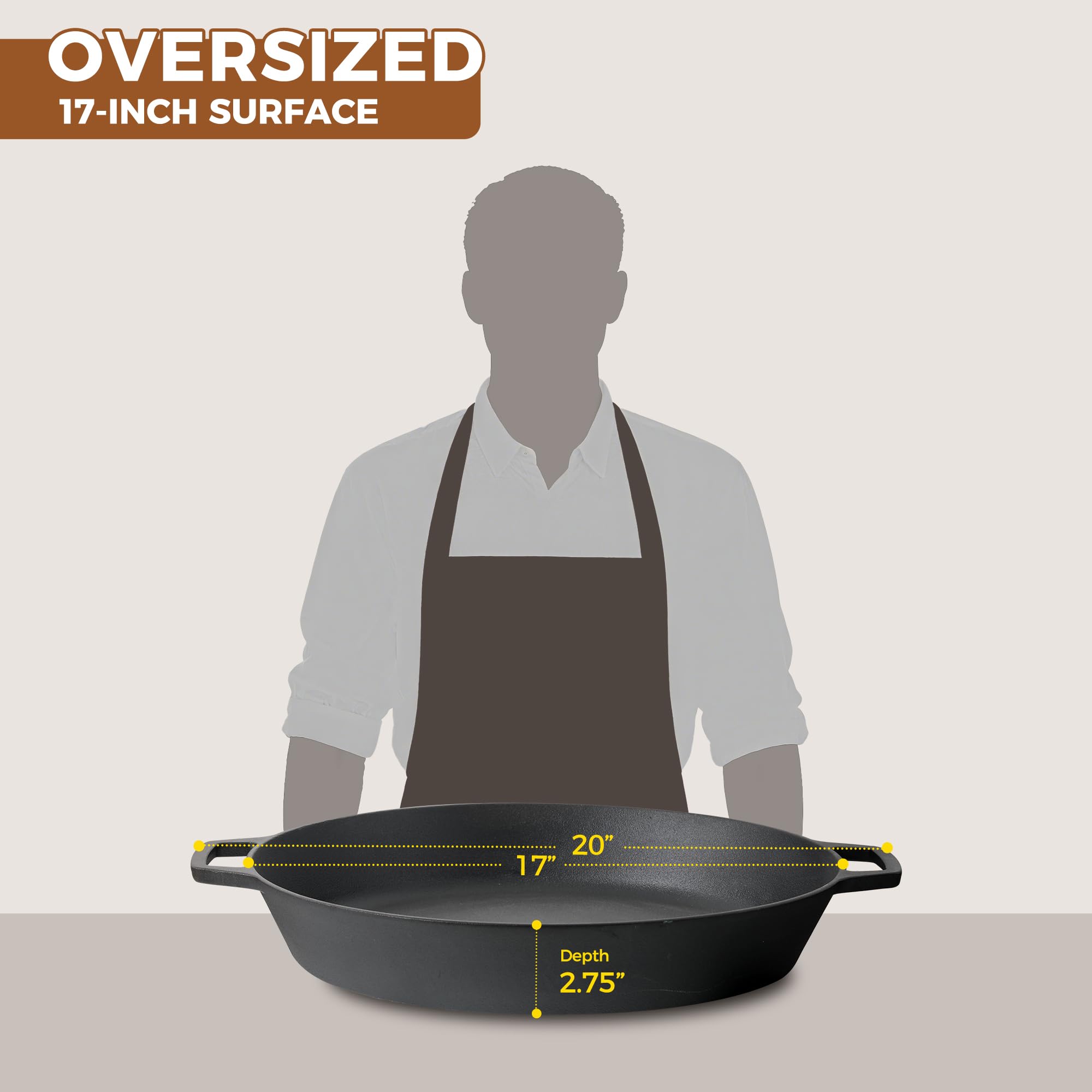 EDGING CASTING Sartén grande de hierro fundido presazonado de 17 pulgadas, sartén de doble mango para acampar al aire libre, sartén para pizza, uso para parrilla, estufa, inducción, utensilios de