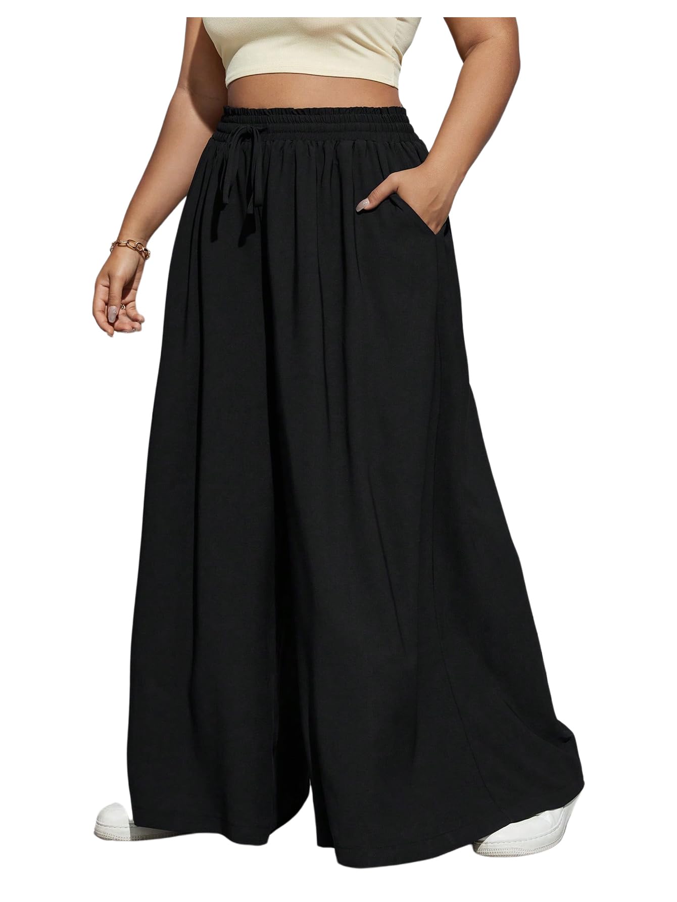 Verdusa Womens Plus Size Wide Leg Pants Drawstring High Rise Baggy Travel Pants with Pocket