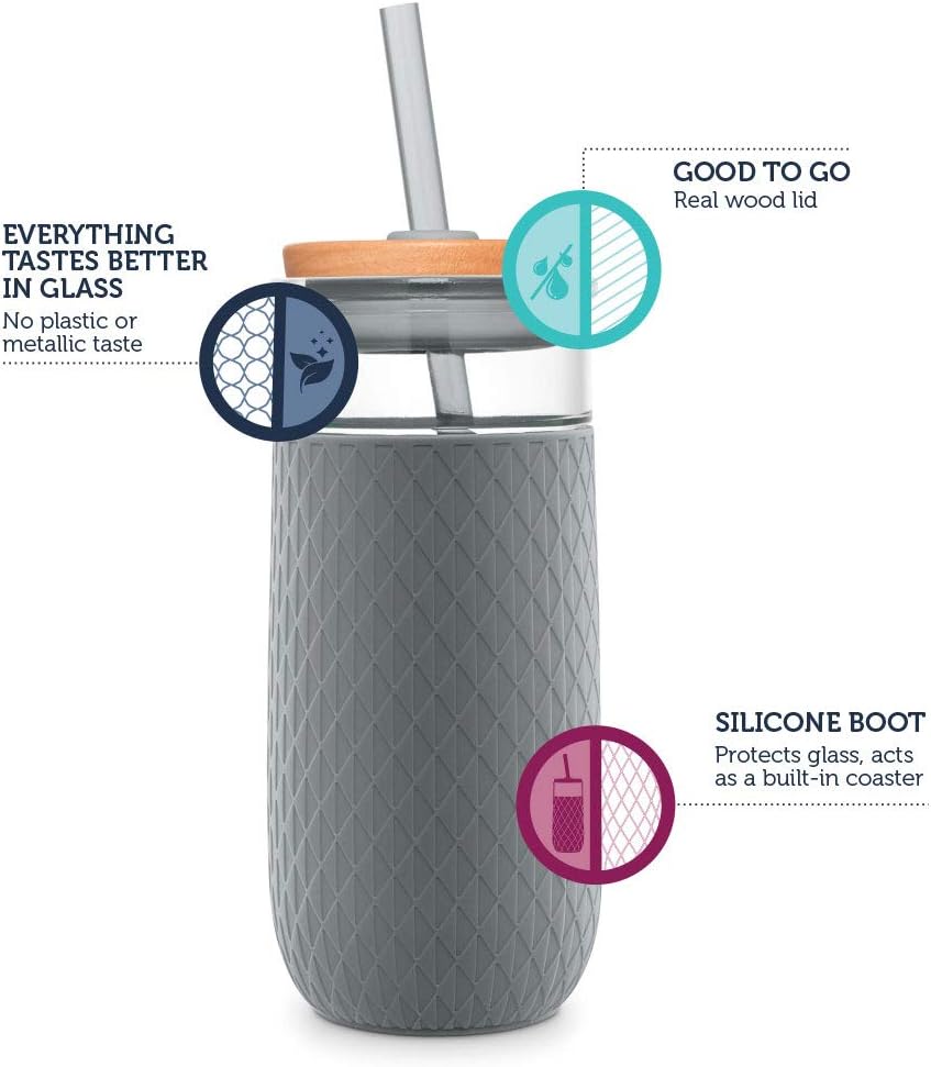 Ello Devon Glass Tumbler with Protective No Sweat Silicone Sleeve and Splash Proof Wooden Detail Lid with Straw, 18 oz : Home & Kitchen