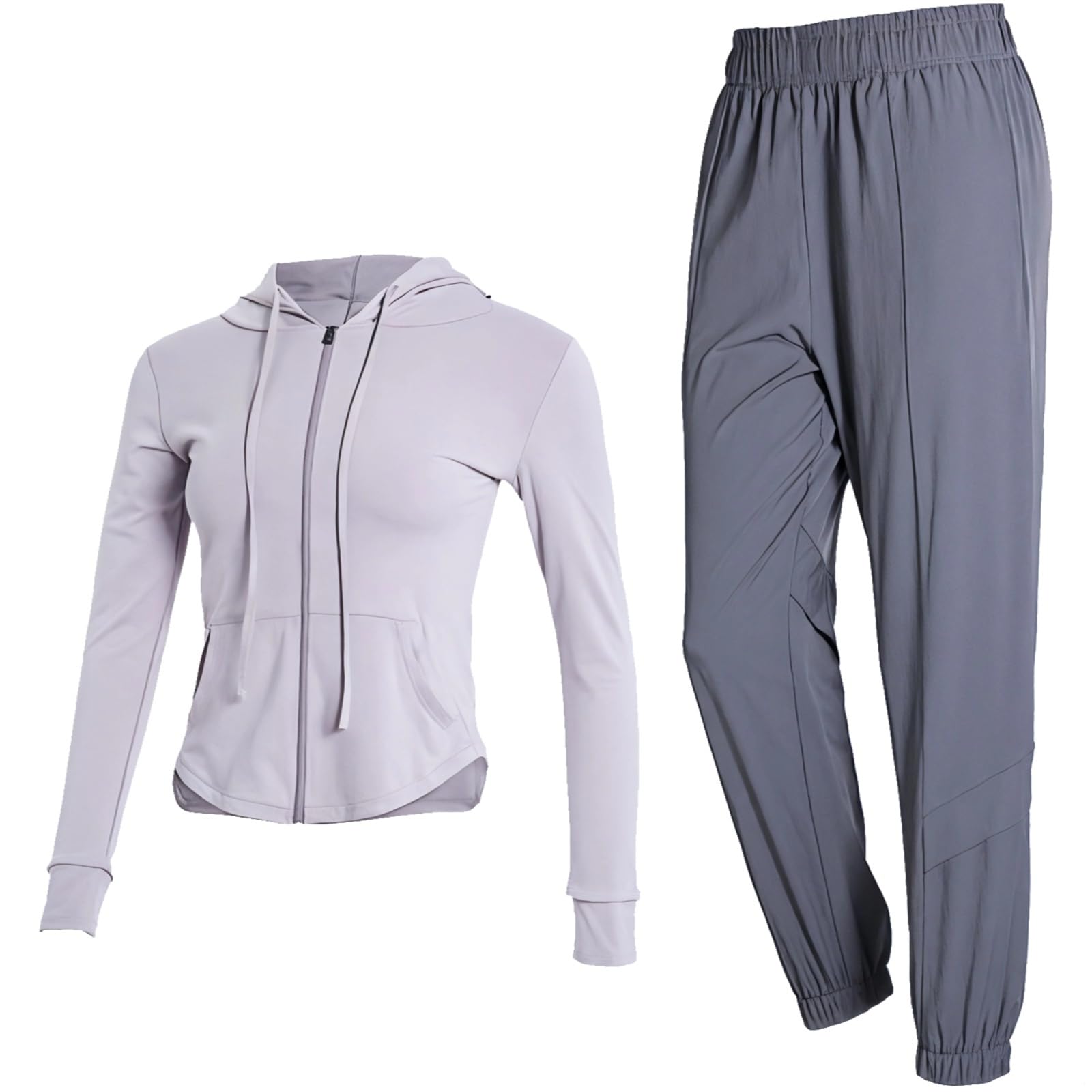 Completo da donna per pilates e yoga, set da 2 pezzi con cappuccio, in nylon e spandex, grigio