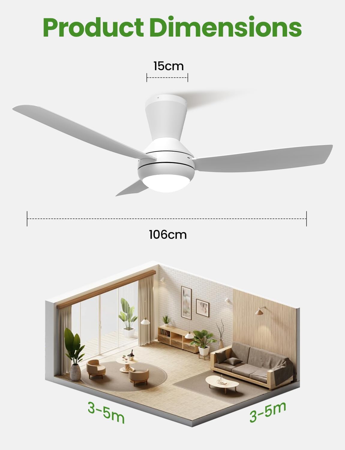 Airwit Ventilador de Techo 106cm con Luz LED Regulable, 3 Aspas Snap-On, Silencioso Ventilador Techo con Mando para Dormitorio Salon Cocina, 6 Velocidades, Instalación Rápida, Blanco