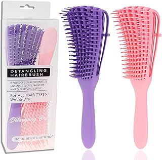 2 Pack Detangling Brush for Curly Hair, ez detangler brush Hair Detangler, For Hair Textured 3a to 4c Kinky Wavy/Curly/Coily/Wet/Dry/Oil/Thick/Long Hair, Knots Detangler Easy to Clean (purple,pink)