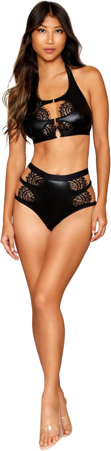 Dreamgirl Women's Stretch Faux Leather & Eyelash Lace Bra & Garter Set