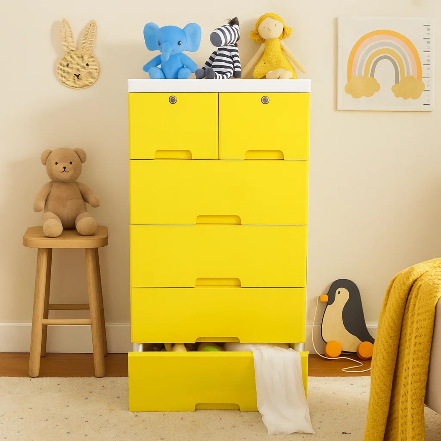 The Tickle Toe 6-Drawer Plastic Chest for Kids | Yellow Storage Organizer with Locking Drawers | Kids Wardrobe for Clothes & Toys | 44L x 28.5W x 82H cm | Made in India-image-2