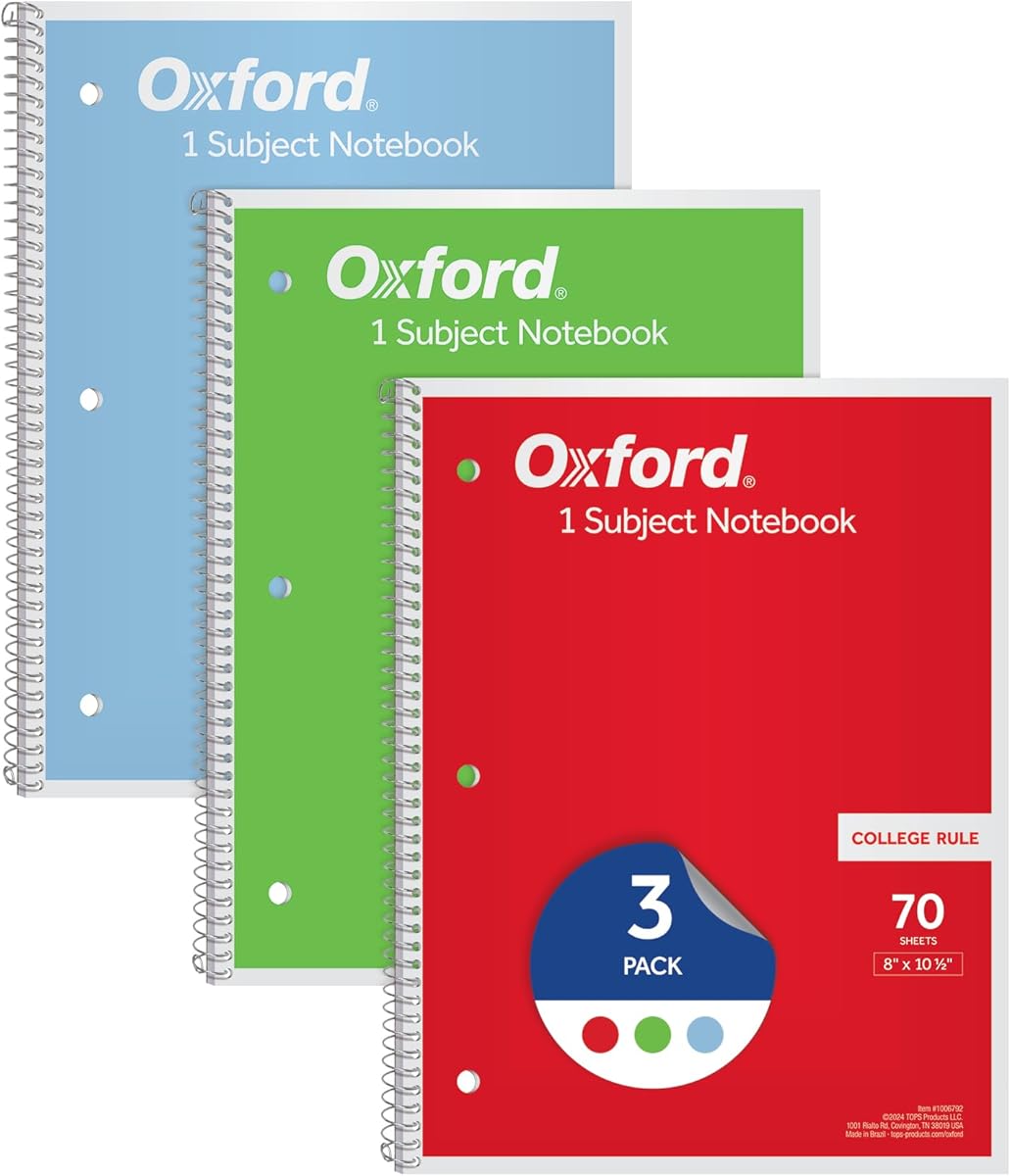 Amazon.com : Oxford 1-Subject Notebooks, Notebooks for School, 8 x 10.5 Inches, College Rule, 70 Sheets, Assorted Primary Colors, 3 Pack, Colors May Vary (1006792) : Office Products