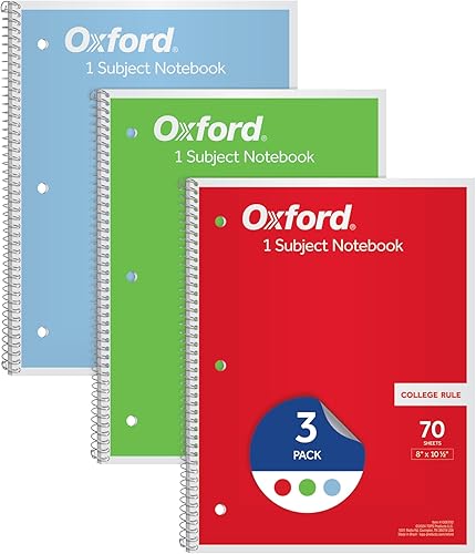 Oxford Cuadernos de 1 materia, cuadernos para la escuela, 8 x 10.5 pulgadas, regla universitaria, 70 hojas, colores primarios surtidos, paquete de