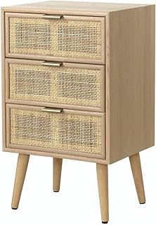 CALICOSY - Petite Commode 3 Tiroirs Cannage Rotin - Placage Bois De Frêne - MDF - Pieds Sapin - Poignées Acier Coloris Or - Table D'Appoint Séjour, Chambre - Style Moderne - L 42 x P 36,5 x H 71 cm