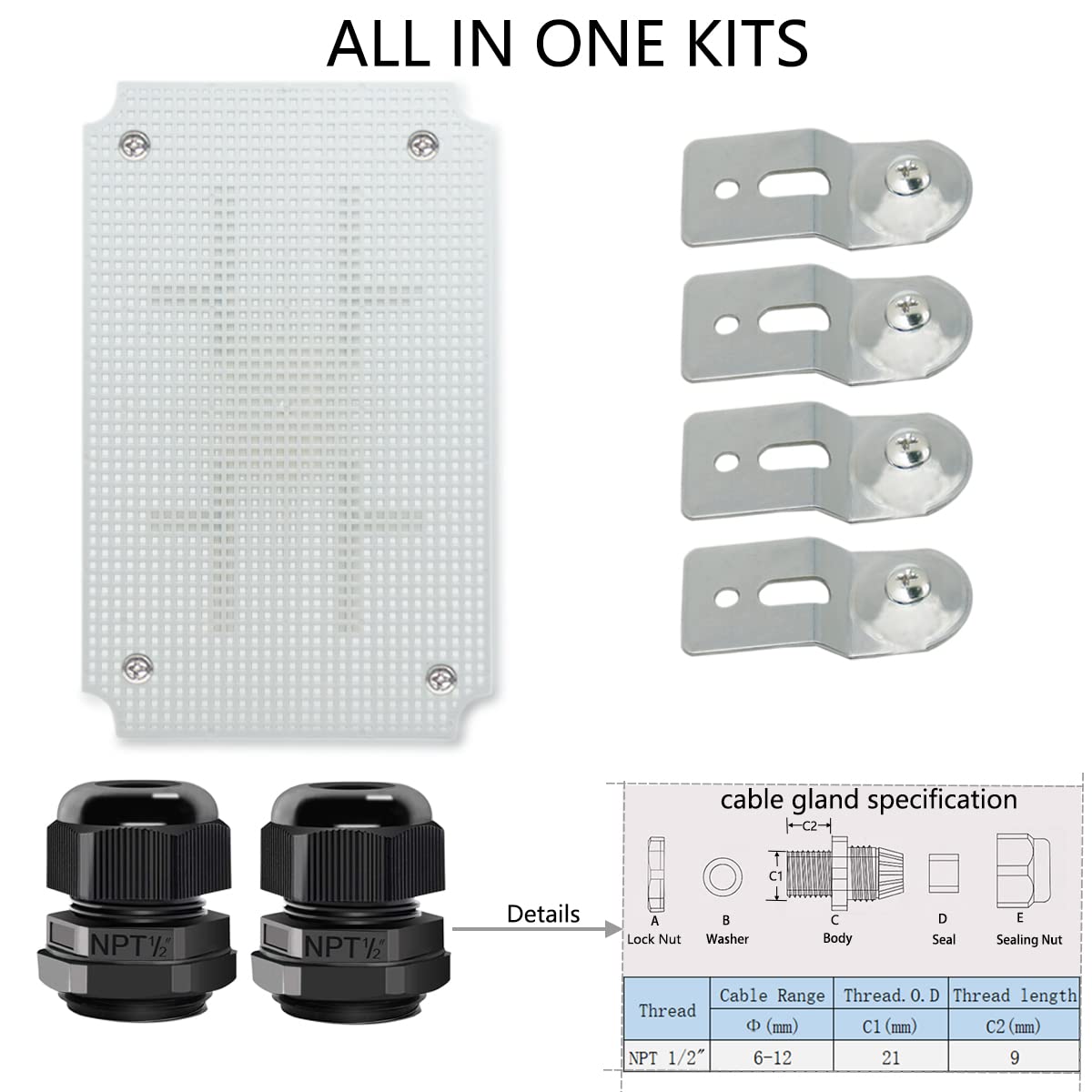 Junction Box, Hinged Clear Cover Stainless Steel Latch IP67 Waterproof ABS Project Box with 2 Cable Glands,Electrical Box Enclosure with Mounting Plate & Wall Bracket 11x7.5x5.5inch
