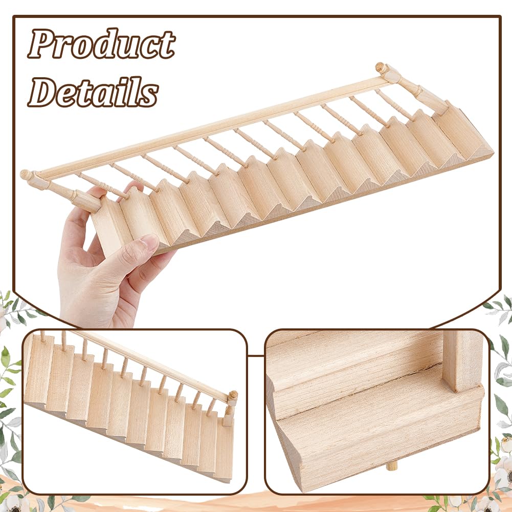 AHANDMAKER Miniature Stairs Wooden Stairs 1: 12 Unpainted Wooden Stringer Steps with Single Side Handrail for Furniture Micro Landscape Decorsfor Minihouse Accessories - Image 3