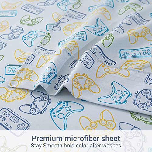 Image of Viviland 3 Pieces Boys Grey Twin Sheet Set - Soft Microfiber Fitted Flat Sheets & Pillowcase - Game Player Paddle Printed Bedding Sets - for Kids & Toddlers