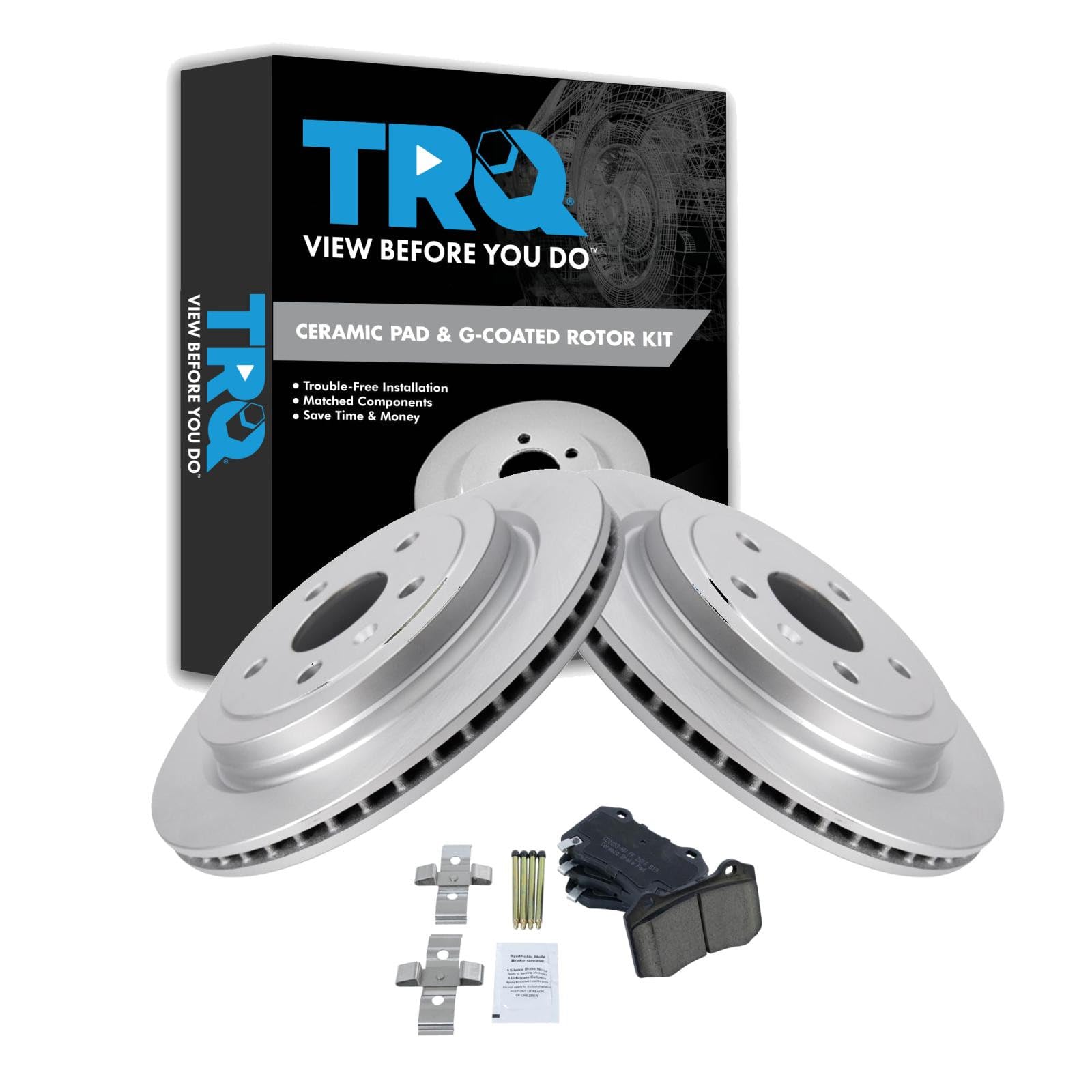 TRQ Rear Brake Pad and Rotor Set Ceramic Coated Rotors Compatible with 2009-2015 Cadillac CTS Brake Code JE5