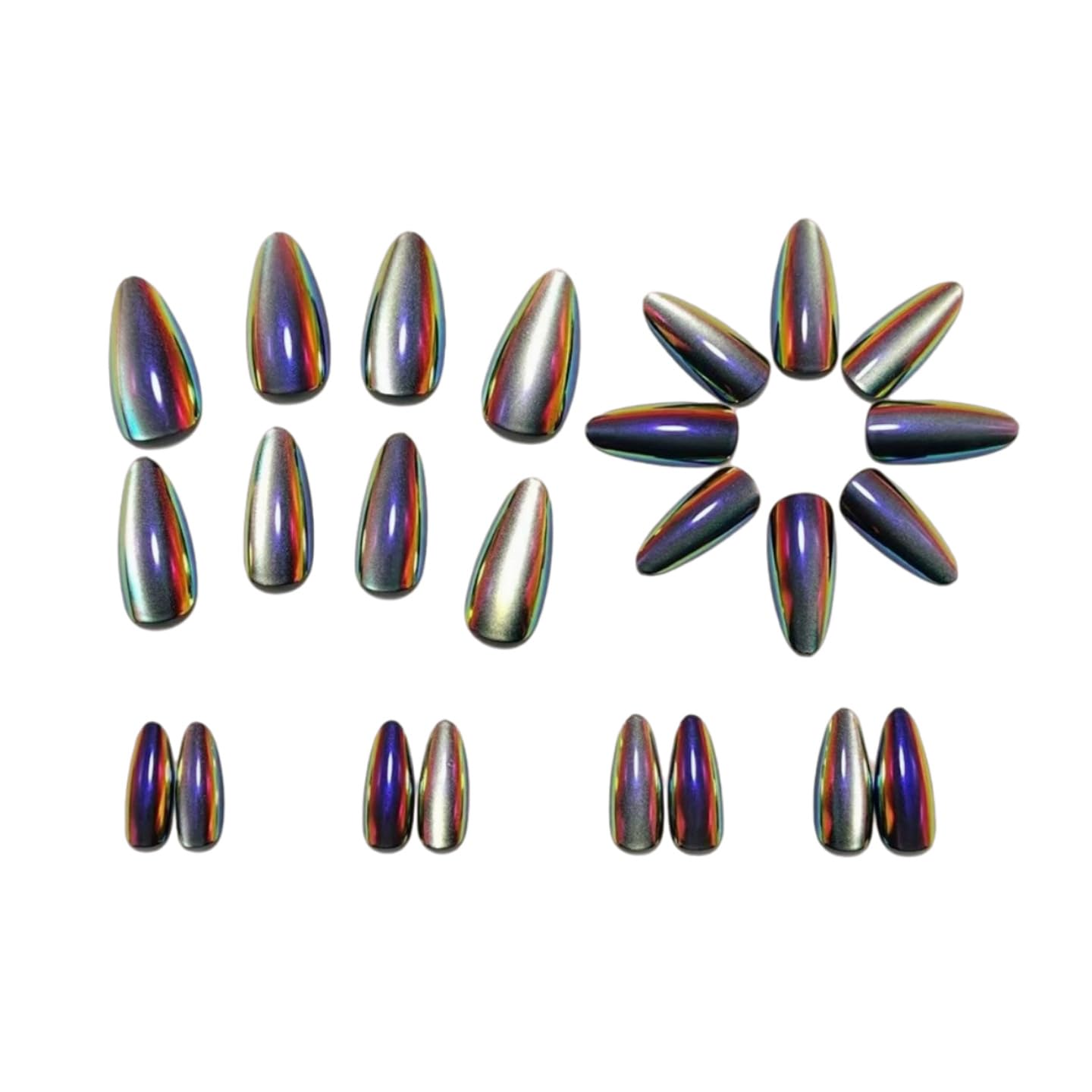 Chrome Press on Nails Medium Almond Fake Nails Cat Eye Acrylic Nails Glossy Shiny Laser False Nails Holographic Mirror Full Cover Glue Stick on Nails for Women Manicure 24Pcs